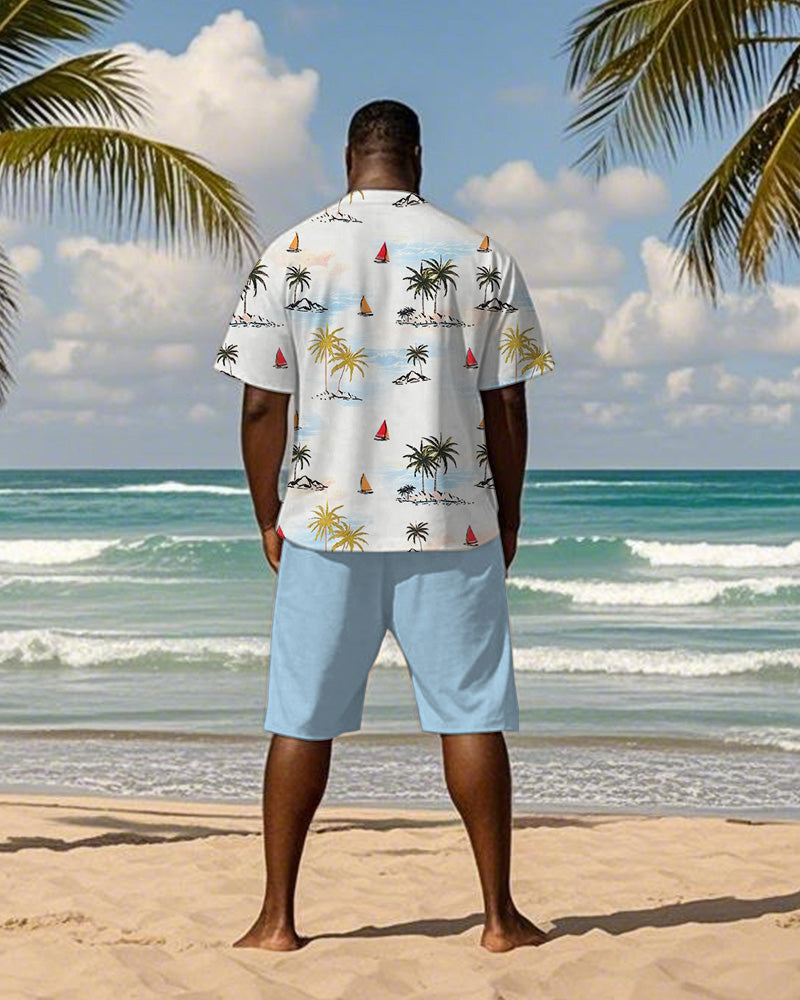 Big & Tall Men's Hawaiian Blue Coconut Sailing Print Round Neck Short Sleeve T-Shirt Shorts Suit