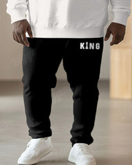 Men's Simple Black And White Color Block King Letter Print Plus Size Round Neck Sweatshirt Suit