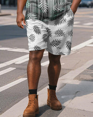 Big & Tall Men's Business Hawaiian Gradient Leaf Print Short Sleeve Polo Shirt Shorts Suit