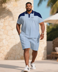 Big & Tall Men's Summer Blue Business Small Label Printed Polo Short Sleeve Shirt Shorts Suit