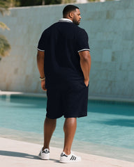 Men's large size Dark Blue Daily Simple Casual Short-sleeved polo shorts set