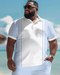 Big and Tall Guys Simple Light Blue Stripe Print Polo Shorts Set