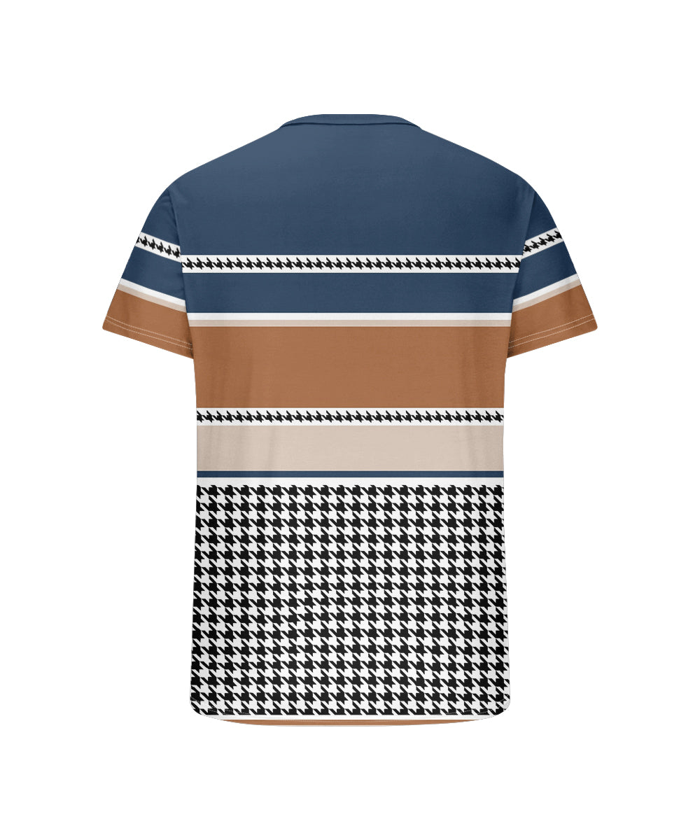 Men's Plus Size Casual Daily Blue Colorblock Houndstooth Print Henry Collar Button Short Sleeve T-Shirt