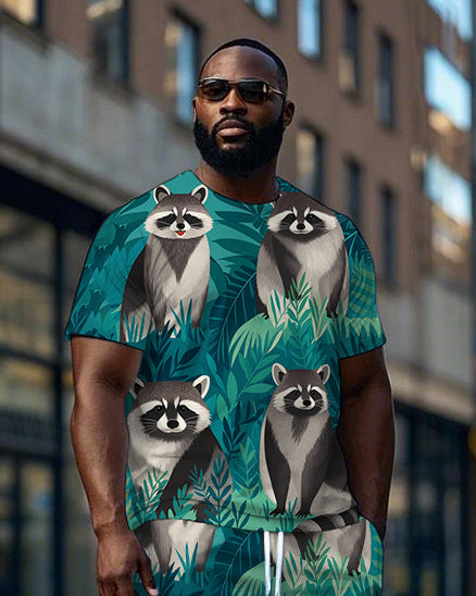 Men's Big Size Fashion Forest Raccoon Printed Casual Short Sleeve T-Shirt and Shorts Set