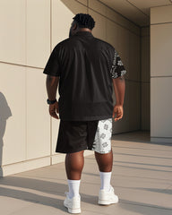 Men's Plus Size Street Fashion Paisley Colorblock Black And White Print Shirt Shorts Suit