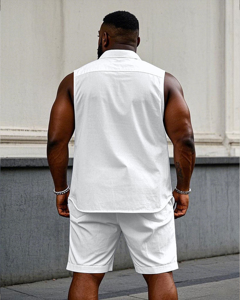 Men's Plus Size Sleeveless Vest Shirt Shorts Suit-Solid 10 Color Choice
