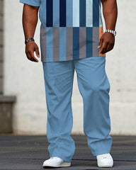 Men's Plus Size Blue Multi-geometric Chest Small Label Printed Short-sleeved T-shirt Trousers Suit