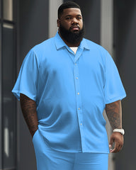 Men's Plus Size All-match Pure Water Blue Short Sleeve Shirt Trousers Suit