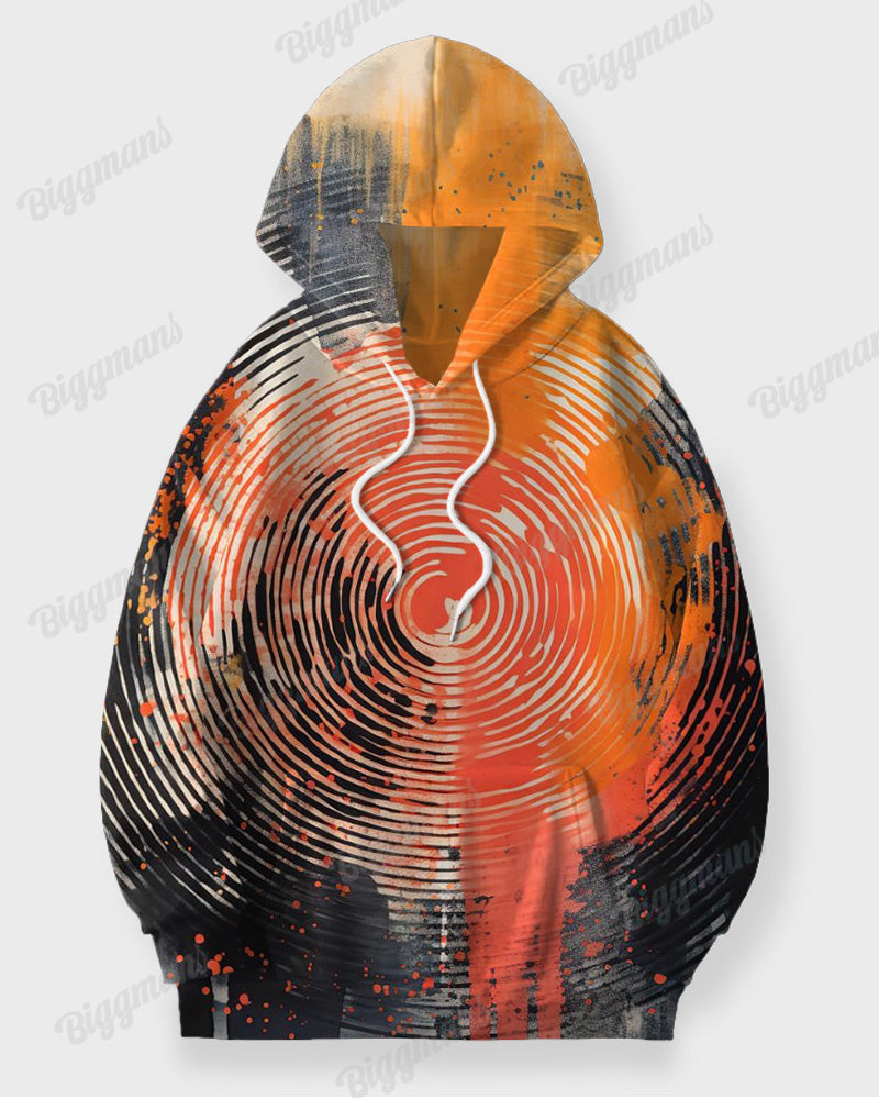 Mens Daily Casual Orange Swirl Geometric Print Plus Size Hoodie Suit