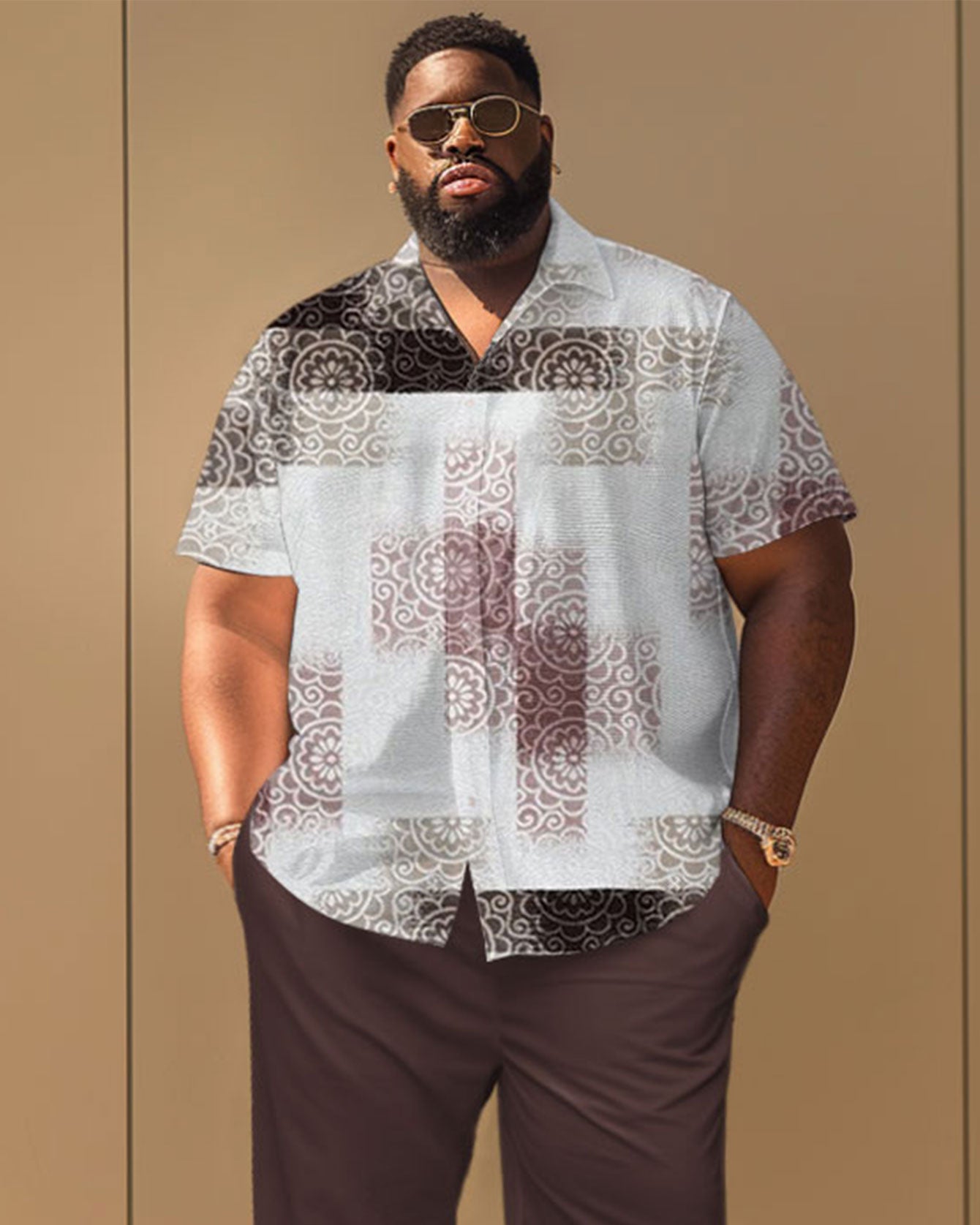 Gradient Pattern Print Short Sleeve Shirt Trousers Suit Men's Plus Size