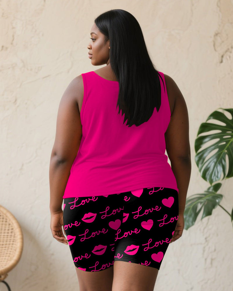 Women's Plus Size Daily Casual Rose Red Letter Lip Print Pocket Vest Shorts Suit