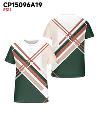 Big & Tall Men's Green Stripe Geometric Print Henley Collar Button Short Sleeve Tee