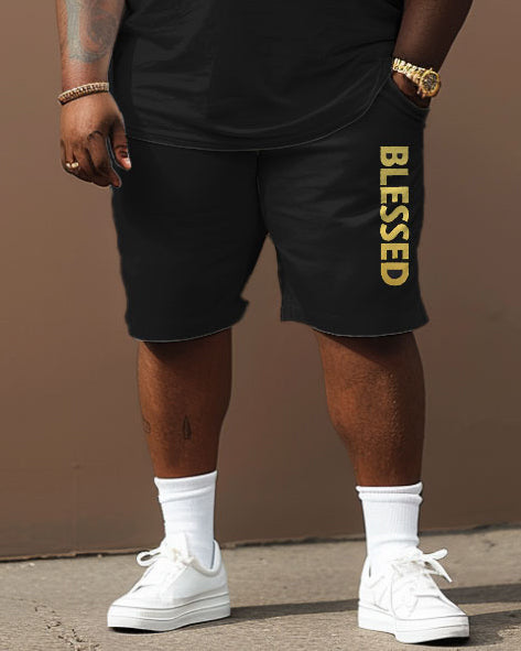 Men's Plus Size Gold Letters Blessed Print Short Sleeve T-Shirt Shorts Suit
