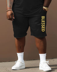 Men's Plus Size Gold Letters Blessed Print Short Sleeve T-Shirt Shorts Suit