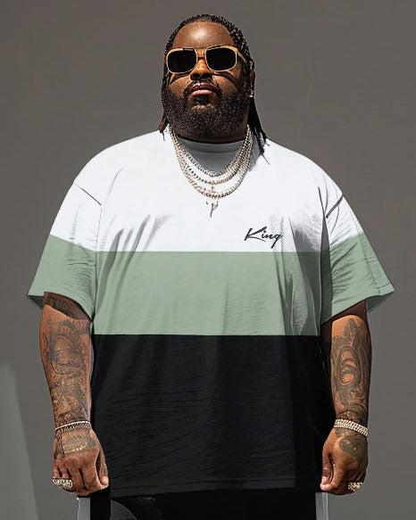 Men's Plus Size Casual Simple Color-block King Alphabet Print T-shirt Shorts Suit