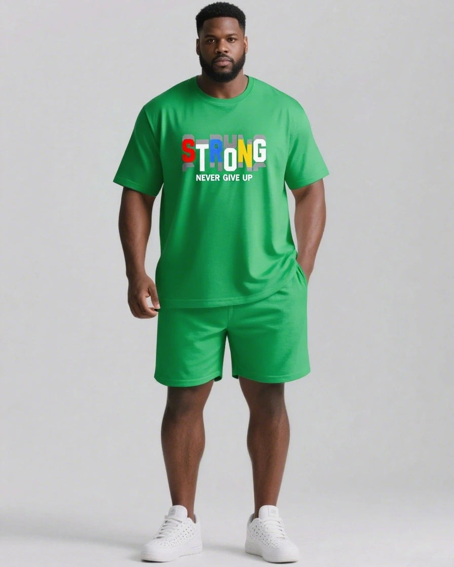 Strong Hearts Never Give Up Men's Big and Tall Colorful Lettering Short Sleeve T-shirt 2-Piece Set