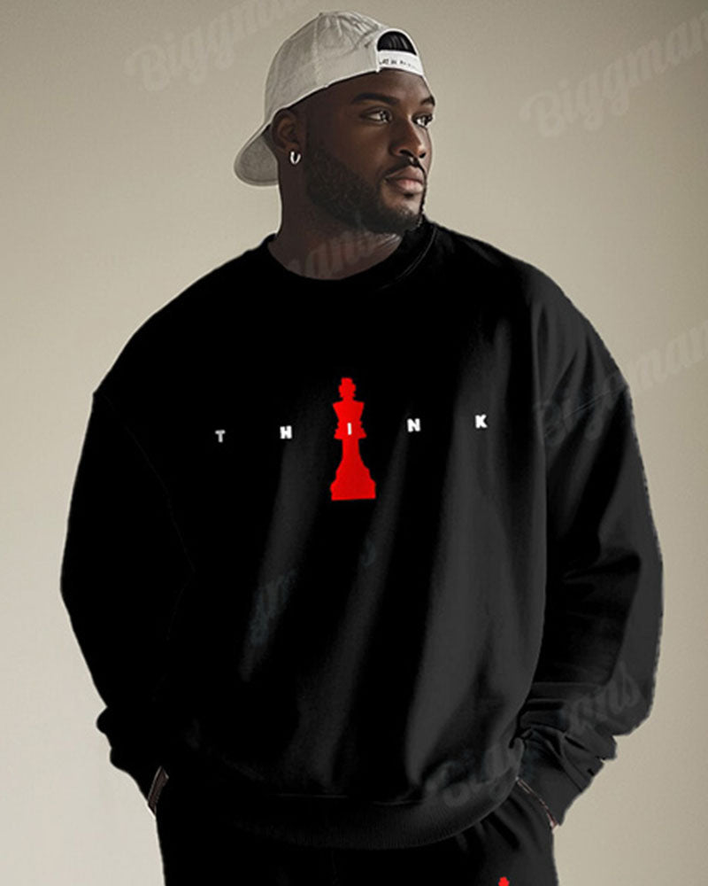 Men's Simple Black Think Letter Print Big & Tall Round Neck Sweatshirt Set