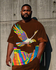 Big Men's Casual Animal World Colorful Eagle Printed Summer Short Sleeve T-shirt Pants Set