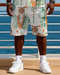 Big Men's Hawaiian Funny Tiger and Palm Leaf Printed Cuban Collar Short Sleeve Shirt Shorts Set