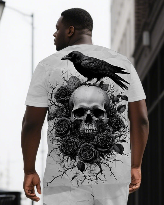 Rise in Raven’s Call Men's Skeleton Back Print Casual Big & Tall Short Sleeve T-shirt 2-Piece Set