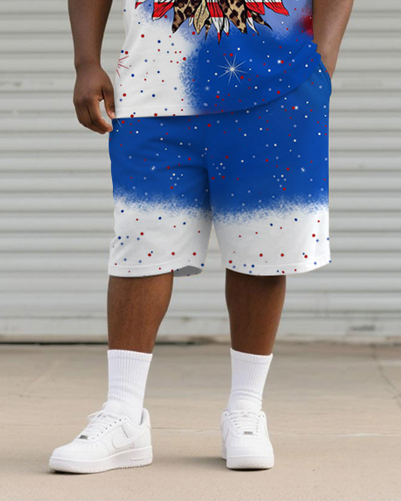 Men's Plus Size Independence Day Gradient Leopard Print Sunflower Print Round Neck T-shirt Shorts Suit