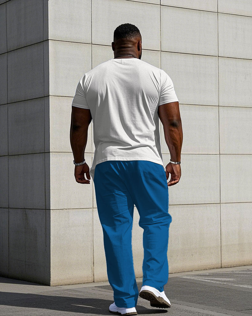 Men's Plus Size Street Blue & White Chest Color "king" Slogan Printed Short-sleeved T-shirt Pants Suit