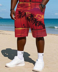 Big and Tall Men's Hawaiian Vibrant Sunset Coconut Trees Casual Printed Short Sleeve T-shirt and Shorts Set