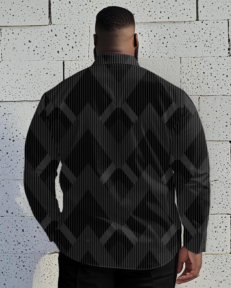 Men's Plus Size Business Black Gray Diamond Geometric Print Long Sleeve Shirt