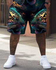 Men's Plus Size Street Casual Color Painting Tiger Print T-Shirt Shorts Suit
