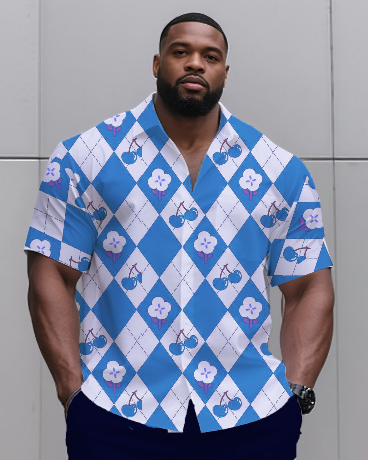Big & Tall Men's Daily Casual Diamond Cherry Print Shirt Shorts Suit