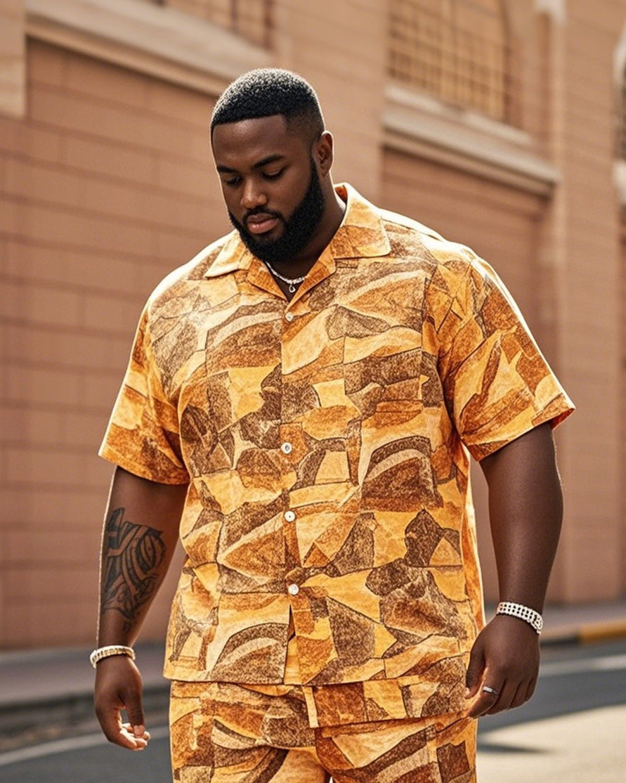 Men's Plus Size Irregular Abstract Geometry Van Gogh Style Printed Short Sleeve Shirt Shorts Suit