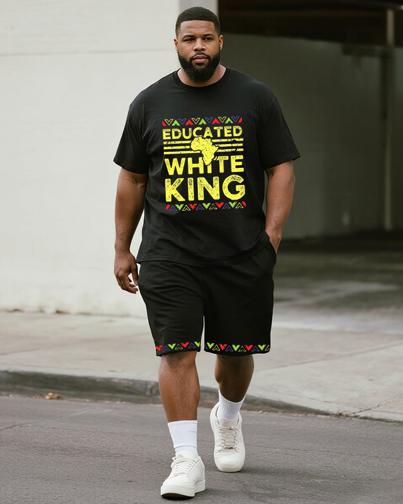 Big & Tall Men's Colorful Geometric White King Alphabet Print Round Neck Short Sleeve T-Shirt Shorts Suit