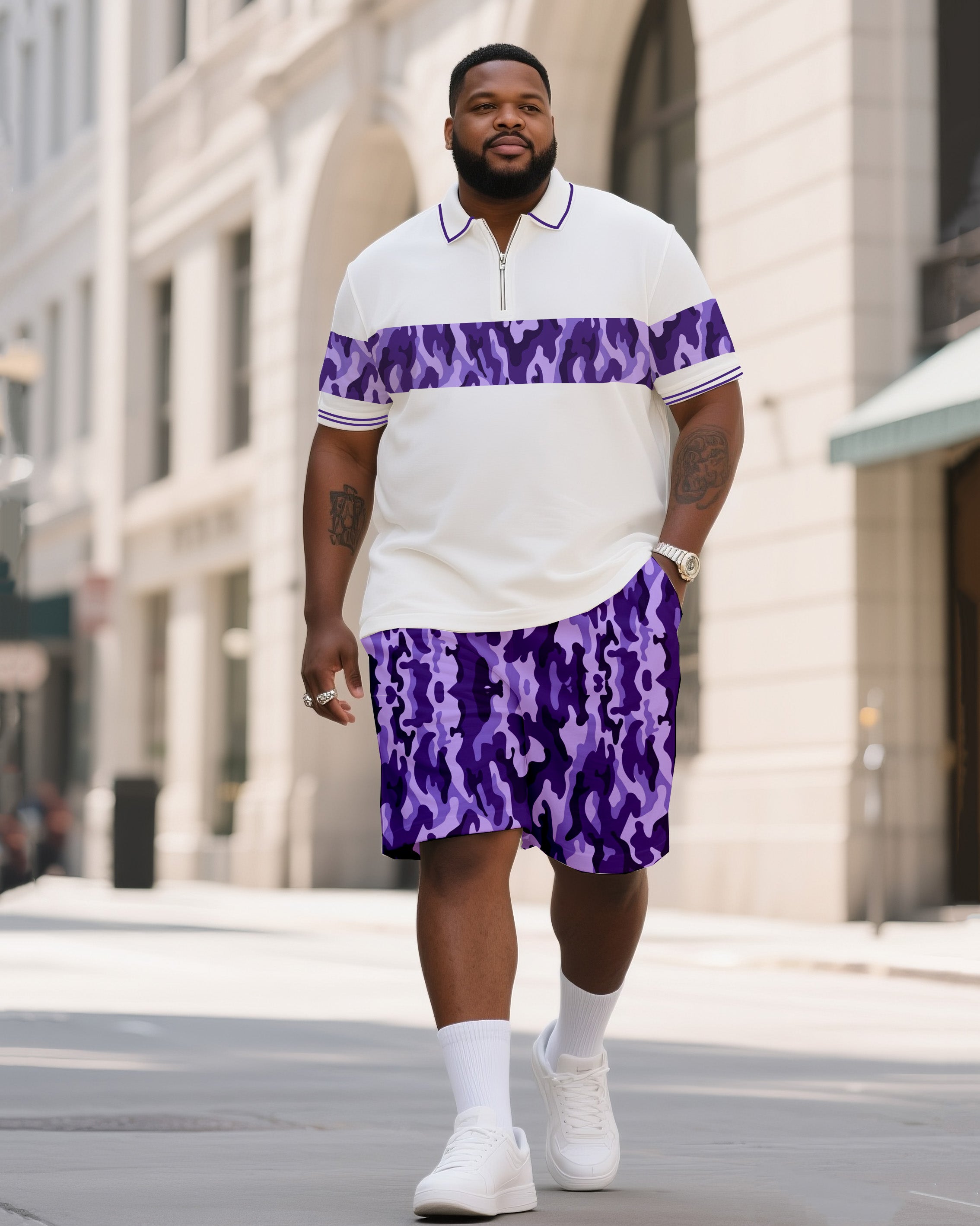 Big & Tall Men's Business Daily Casual Camouflage Original Design Polo Shirt Striped Short Sleeve Zipper Polo Shirt Shorts Suit