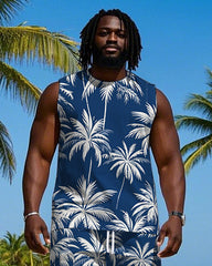 Men's Big Size Fashion Tropical White Coconut Trees Printed Hawaiian Vest and Shorts Set