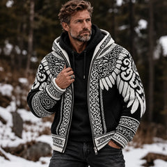Men's Vintage Wings Art Cozy Warm Knitted Jacquard Zipper Hooded Sweater