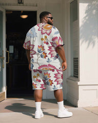 Big & Tall Men's White Floral Print Round Neck Short Sleeve T-Shirt Shorts Suit