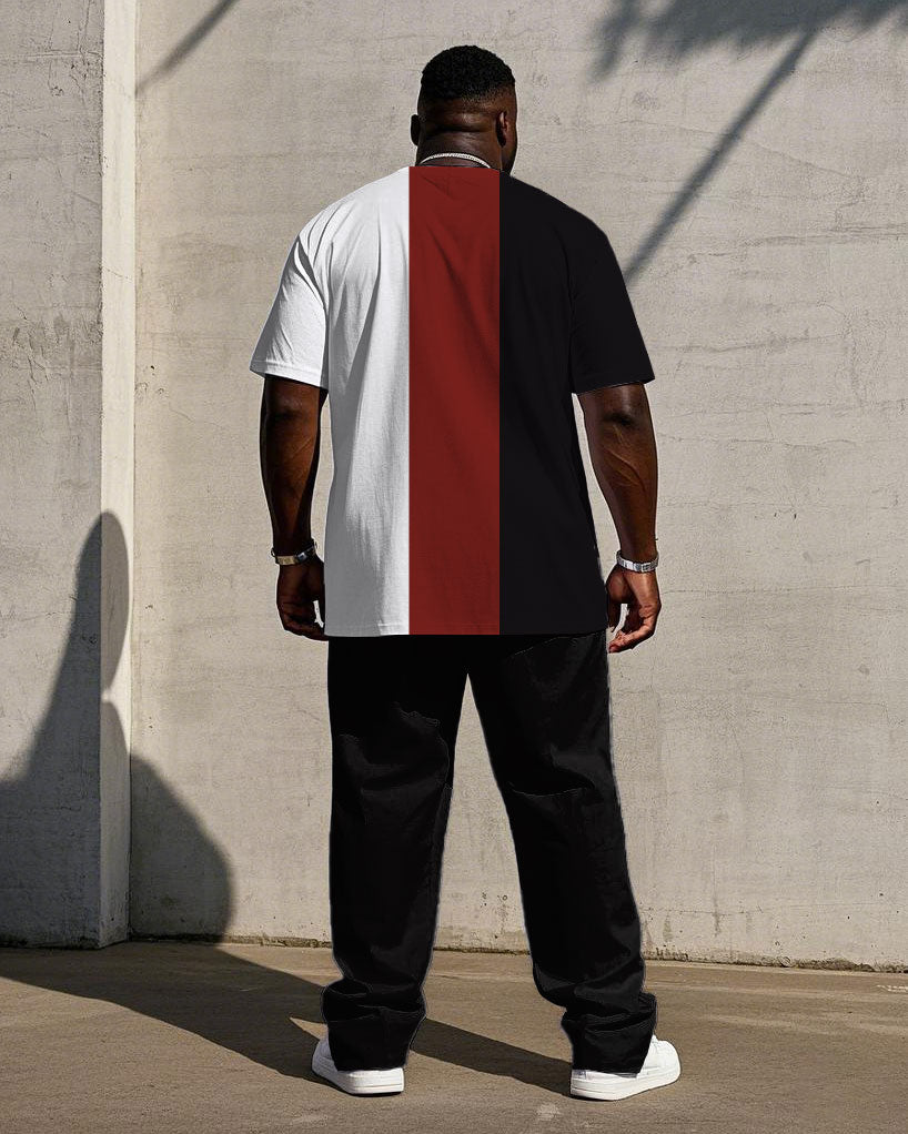 Men's Plus Size Casual Fashion Red & Black & White Thick Stripe Color-matching Chest Small Label Printed Short-sleeved T-shirt Trousers Suit