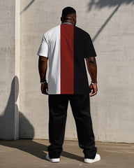 Men's Plus Size Casual Fashion Red & Black & White Thick Stripe Color-matching Chest Small Label Printed Short-sleeved T-shirt Trousers Suit