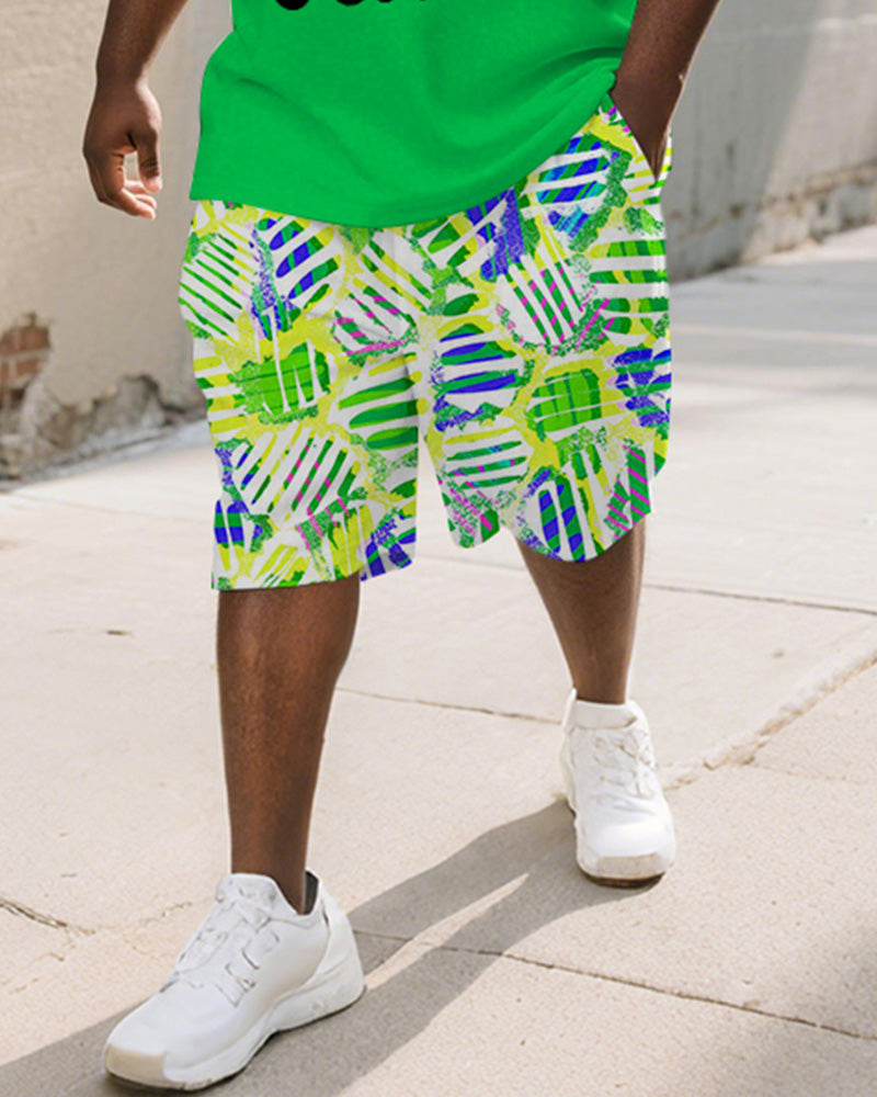 Men's Plus Size Street Graffiti Green Fun BIGGMANS Letter Print Round Neck Short Sleeve T-Shirt Shorts Suit