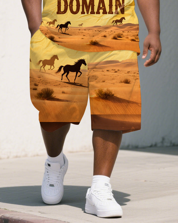 Men's Casual Horse in Desert PRISON Lettering Relaxed Short-Sleeve Polo Shirt & Shorts Set