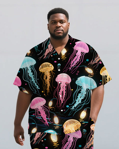 Big Guys Casual Cartoon World Dreamy Jellyfish Printed Short-Sleeve Shirt Pants Sets
