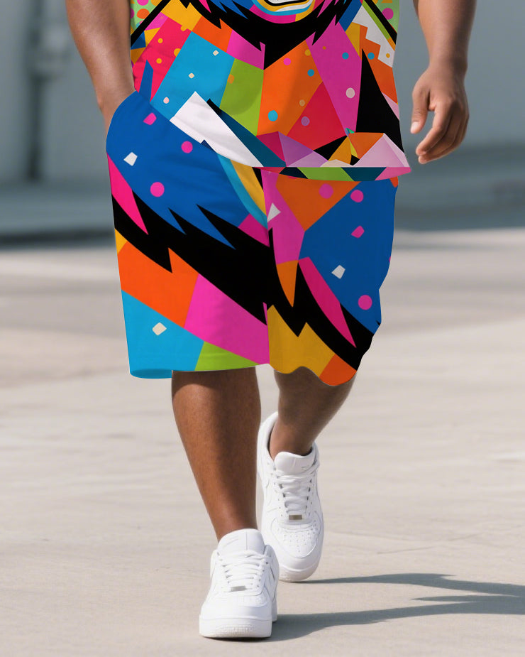 Big Men's Casual Abstract Splicing Bear Cartoon Printed Short-Sleeve Polo Shirt & Shorts Set