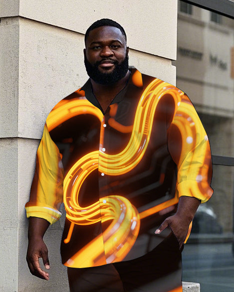 Big Men's Daily Casual Abstract 3D Metal Cable Printed Long Sleeve Shirt Pants Set