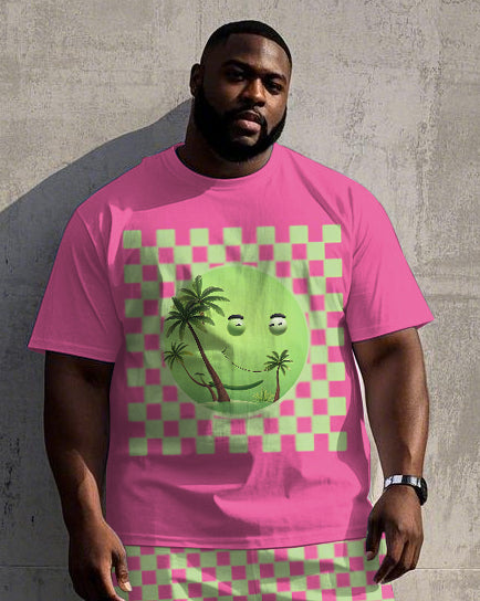 Big Men's Street Fashion Checkerboard Smiley face Coconut Tree Printed Short Sleeve T-shirt Shorts Set