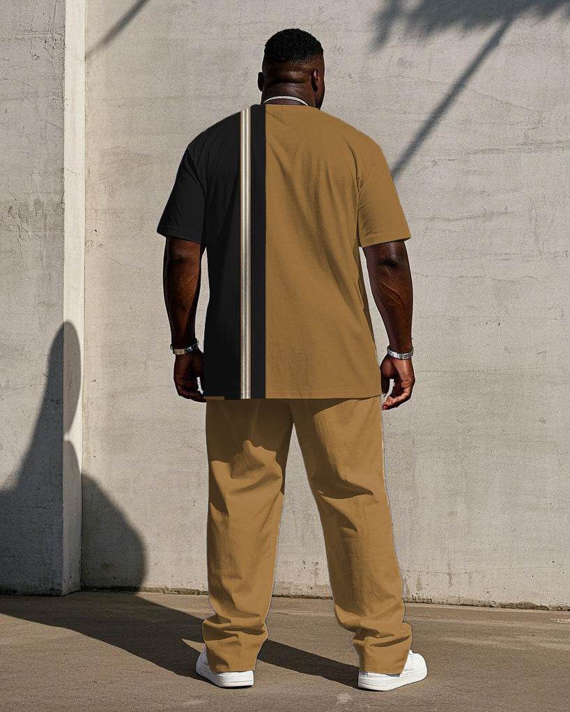 Men's Plus Size Summer Khaki & Black Striped Chest Small Label Printed Short Sleeve T-Shirt Trousers Suit