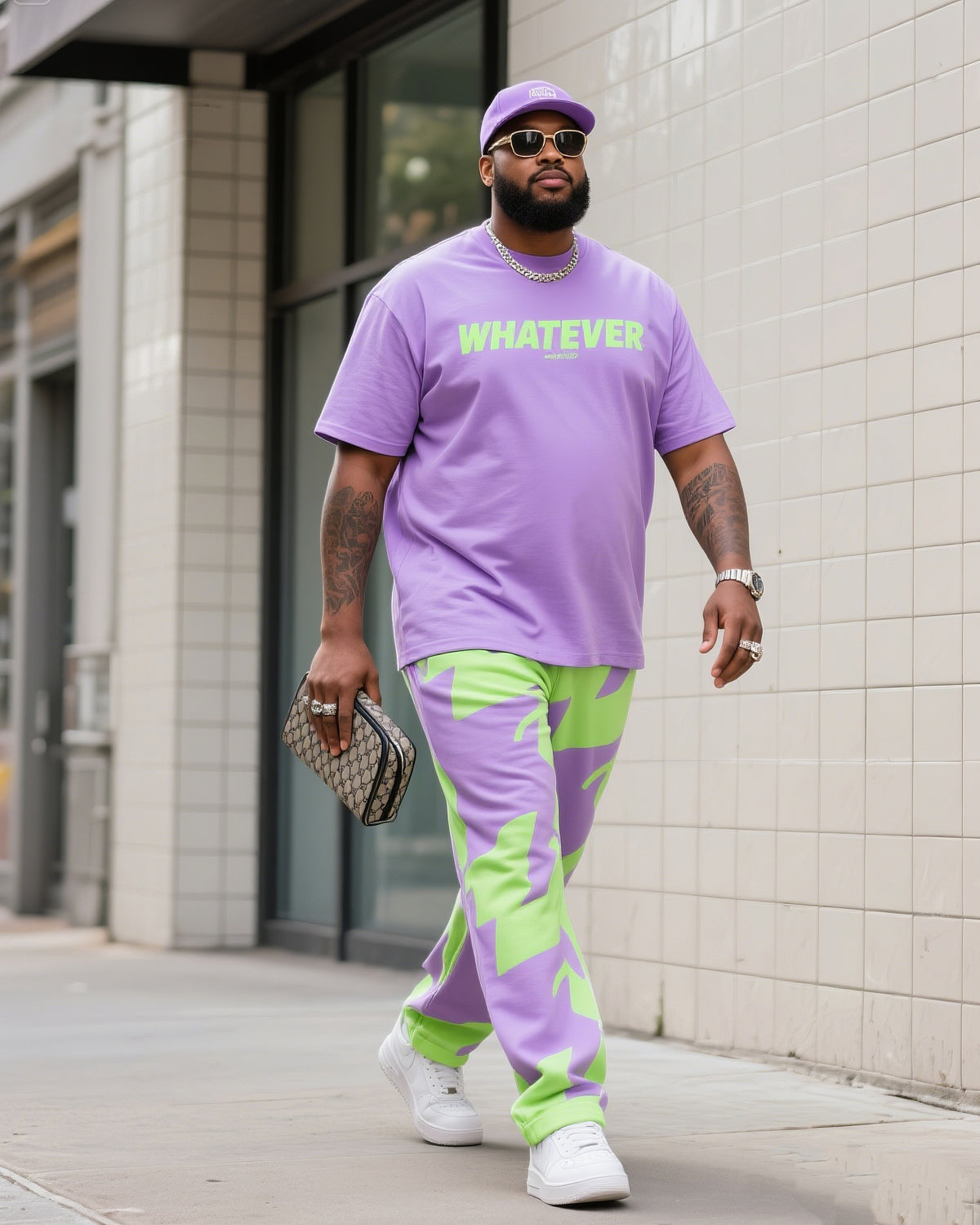 Big Boy Street Fashion Purple Spelling Fluorescent Green Printed Short Sleeve Trousers Suit