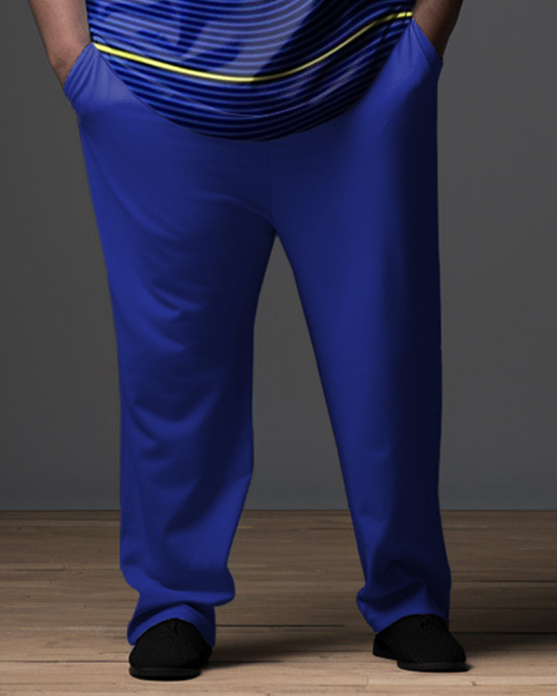 Men's Blue Men's Ombre Art Plus Size Gentleman Business Polo Zipper Shirt and Pants Two-piece Set