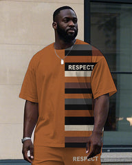 Men's Big & Tall Retro Splicing Stripe Style Letter RESPECT Printed Casual Short Sleeve T-shirt Pants Set