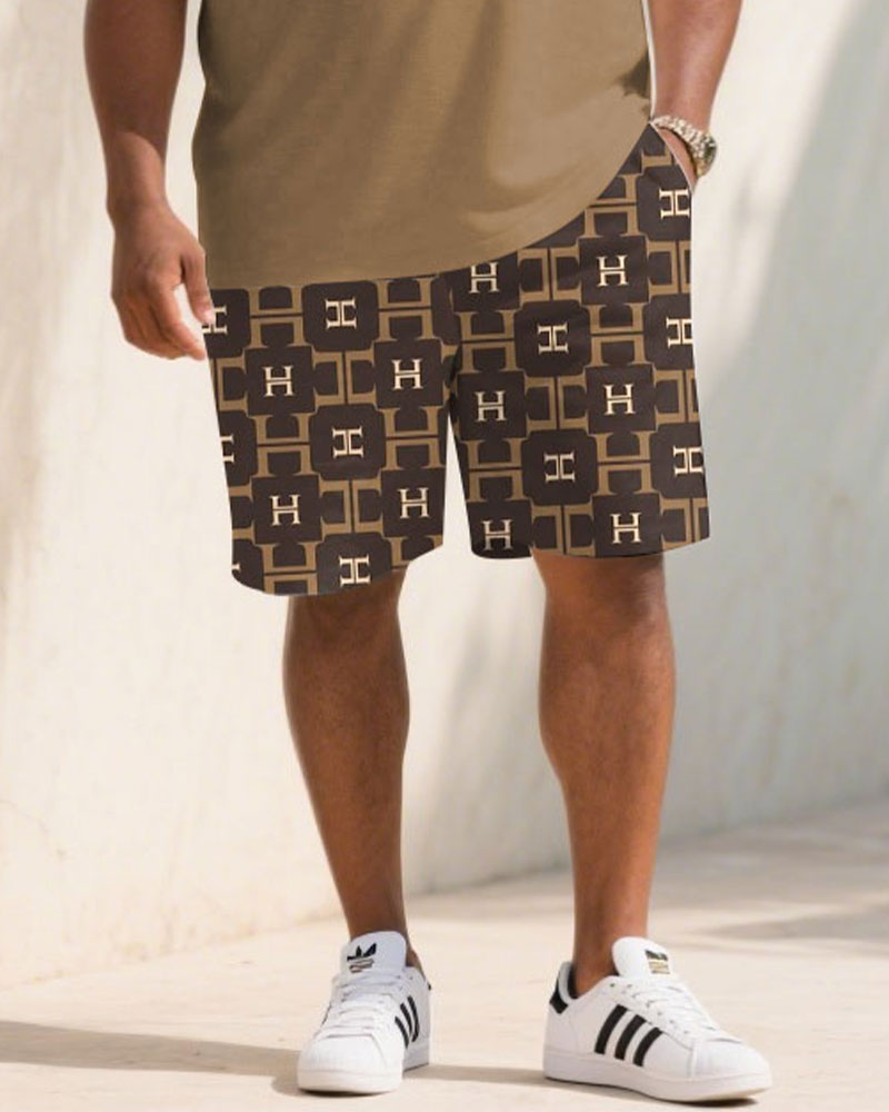 Big & Tall Men's Summer Khaki Big Brand Pattern Stitching Polo Short Sleeve Shirt Shorts Suit