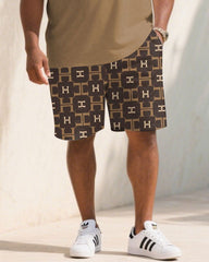 Big & Tall Men's Summer Khaki Big Brand Pattern Stitching Polo Short Sleeve Shirt Shorts Suit